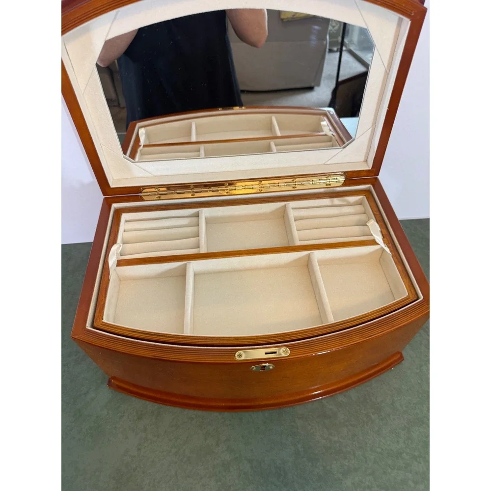 Large Wooden Jewelry Box Chest Locking Bow Front 2 Removable Trays Mirror Key